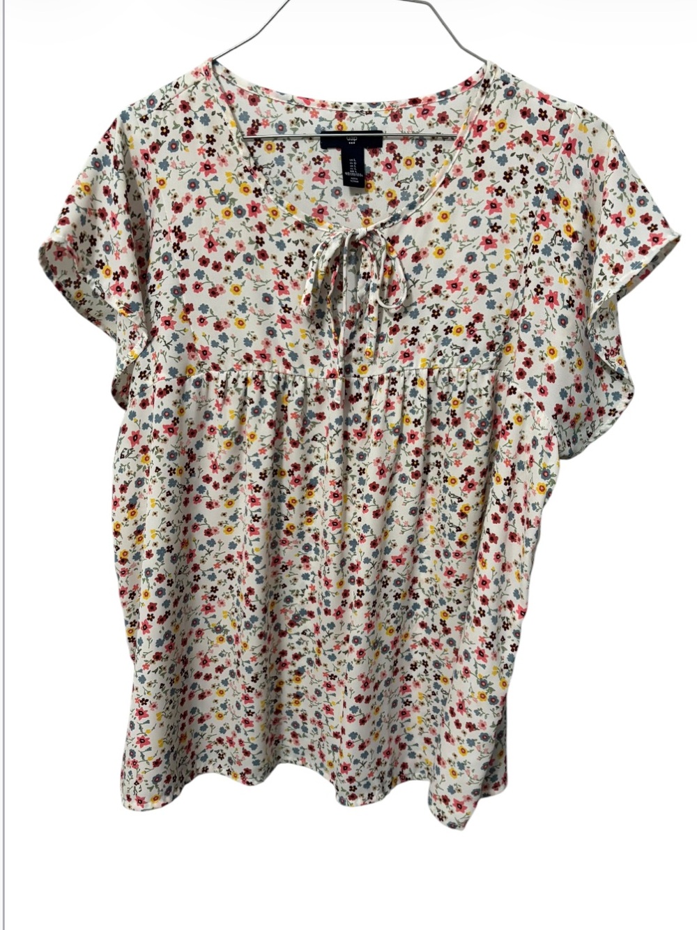 GAP White Floral Tie-Front Blouse with Red & Yellow Accents
